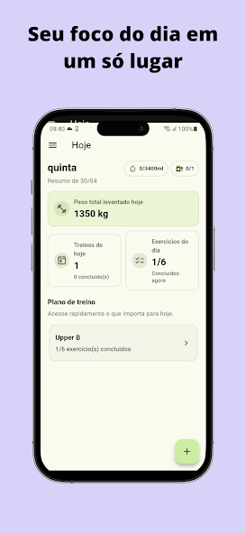 Painel do dia no FitLog com treino e peso levantado