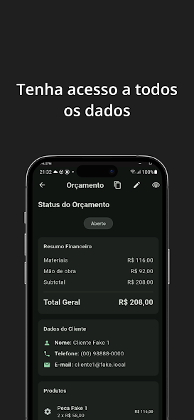 Tela de orçamento com materiais e mão de obra no Meu Orçamento