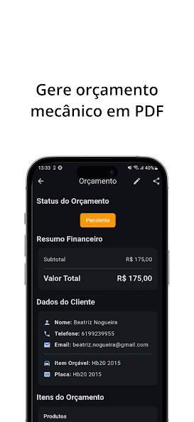 Tela do app Orçamento Oficina Fácil gerando orçamento em PDF